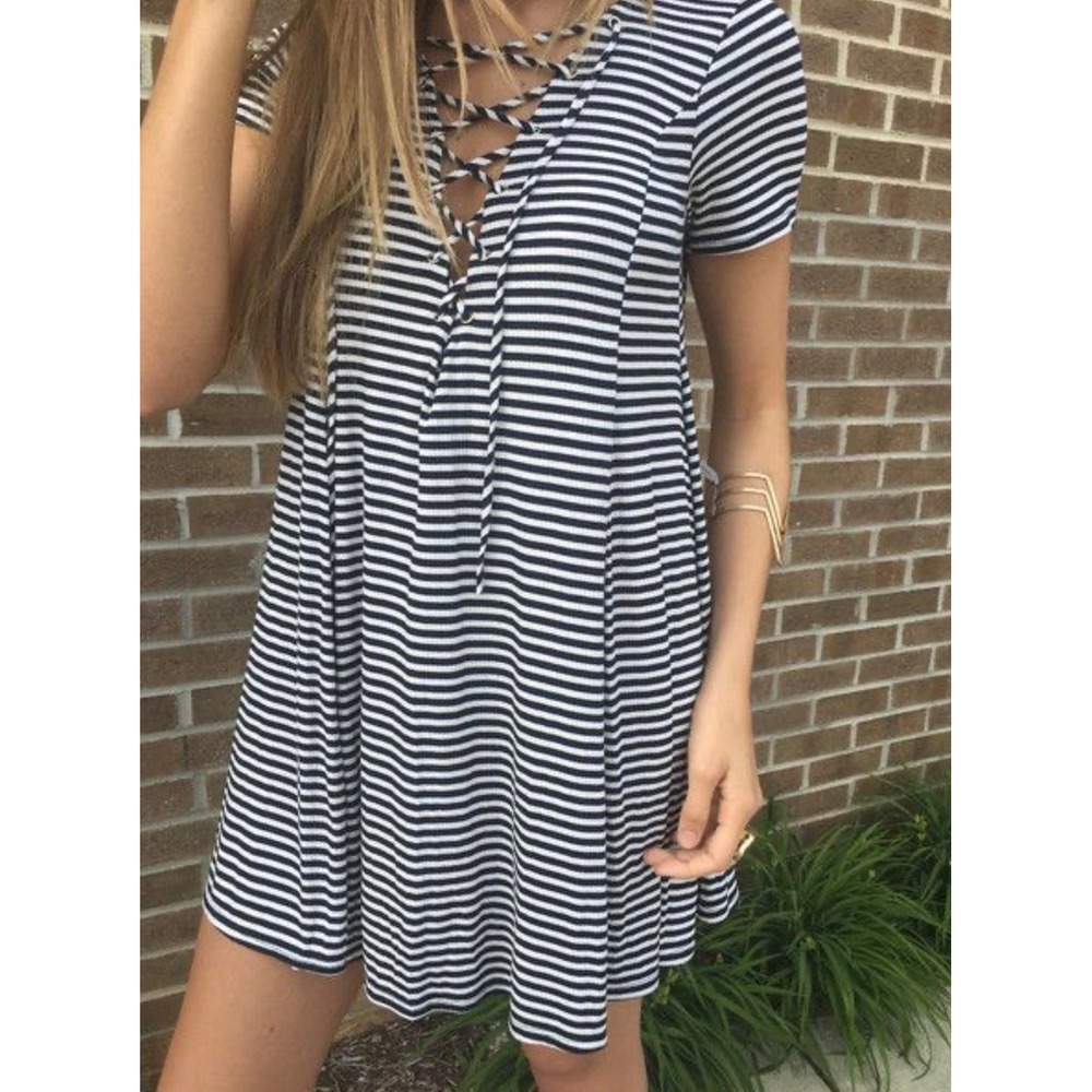 Nautical Navy White Striped Lace Up Swing Dress Large Coastal Made in USA‎